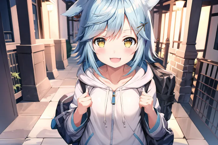((beautiful, masterpiece)), best quality, extremely detailed face, perfect lighting, 4k, 1girl, solo, fubukiAL, smile, blush, open mouth, fubuki_\(azur_lane\), fang, <lora:FubuLoraV1:0.9>, hood, zipper, sweater, cowboy shot