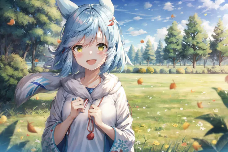 ((beautiful, masterpiece)), best quality, extremely detailed face, perfect lighting, 4k, 1girl, solo, fubukiAL, smile, blush, open mouth, fubuki_\(azur_lane\), <lora:FubuLoraV1:0.9>, field, grass, blue sky, (wind), trees, falling leaves, foliage, twilight, evening, cowboy shot