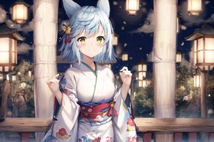((beautiful, masterpiece)), best quality, extremely detailed face, perfect lighting, 4k, 1girl, solo, fubukiAL, smile, blush, fubuki_\(azur_lane\), fang, <lora:FubuLoraV1:0.9>, yukata, wide sleeves, print_kimono, floral print, japanese clothes, kimono, long sleeves, sash, cowboy shot