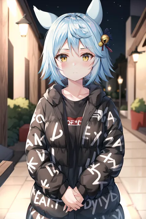 ((beautiful, masterpiece)), best quality, perfect lighting, 4k, 1girl, solo, fubukiAL, hair bell, <lora:FubukiV2-09:1>, dripjacket, own hands together, looking at viewer, standing, serious <lora:attire_dripmeme-10:0.6>
