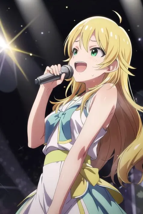masterpiece, best quality,ultra detail,<lora:GoodHands-vanilla:0.8> <lora:anmnr01:0.3> <lora:add_detail:0.5>, <lora:miki-idolmaster:0.7>,miki hoshii,singing,sweat,shiny eyesshiny hair,star effect,smile,stylish angle
