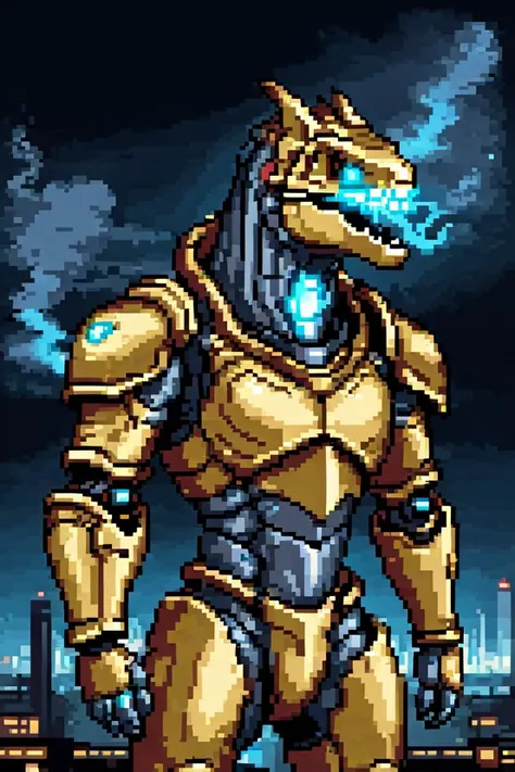 robotic t-rex dinosaur, wearing robotic armor, (glowing eyes with smoke),((masterpiece)), (sci-fi background), night