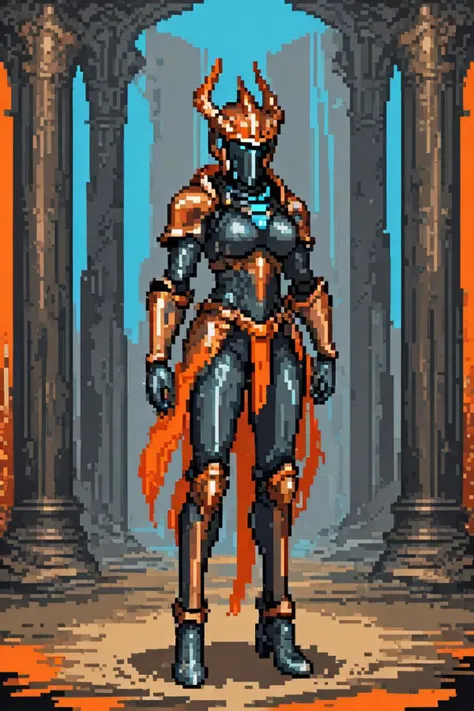 a standing elegantly and warframe armor!! in a fantasy world concept in the style of art masterpiece, cyan and orange palette. vivid, <lora:sdxl_lightning_8step_lora.safetensors:1.0>, <lora:add detail xl.safetensors:1.5>