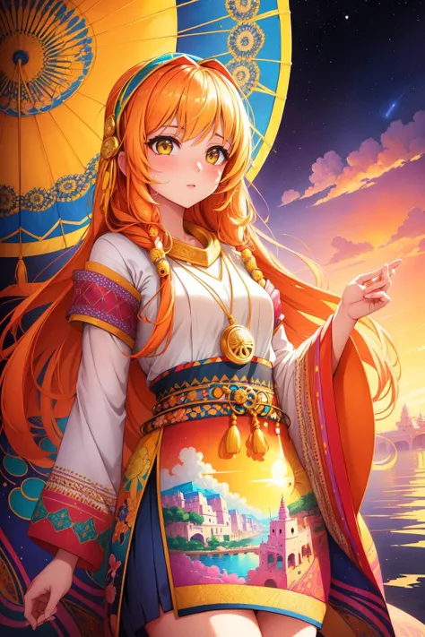 1girl, (vibrant art stylized by Alena Aenami:1.2) , Anime, Rajasthani painting, Knitted of a Collectable Lyra constellation, (yellow theme:0.7) , hair light, pinhole lens, opulent, Zentangle, picturesque