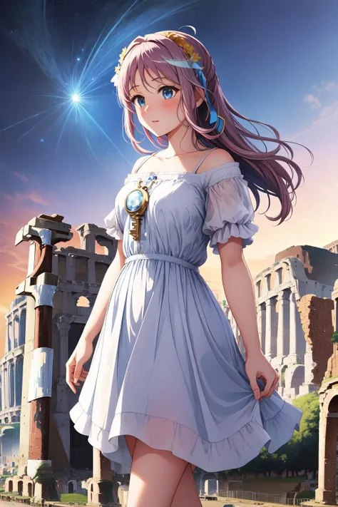 1girl, Anime, nature, landscape of a Romantic (The Roman Forum:1.3) , Hazy conditions, figurativism art, (impressionism art by Eliseu Visconti:0.7) , (Lev Lagorio:0.8) , Hopeless, Moonlight, F/1.8, blue and electric blue dust particles, intricate details, 4K, ultra high res, organic, key visual