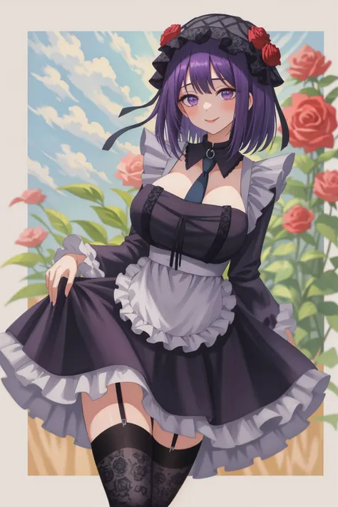 <lora:lcm_lora_sd15:1>,
(masterpiece,best quality,8k,beautiful and aesthetic:1.2),
solid-best-physical-appearance-perfect::2,
cosplay,looking_at_viewer,short hair,Smile,
<lora:(bN
cZZ).psoft_my_dress-up_darling_v1.0:0.8>,
kuroe shizuko,purple eyes,purple hair,medium hair,
red rose,bonnet,collar,black necktie,maid,long sleeves,black dress,white apron,garter straps,thighhighs,frills,
<lora:[R]S.LECO-BBbAA_100steps:2>,(HUGE BREASTS),