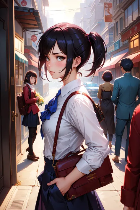1girl, by rhads, ferdinand knab, makoto shinkai and lois van baarle, ilya kuvshinov, rossdraws, tom bagshaw, surreal, high angle shot of a Indonesian (Family:1.3) , Drab, fairy tale, dressed in Lizard-style clothes tailored by Roksanda Ilincic, Hands in Pockets, Trendy hair styled as Side part, Cosplayer Purse, shallow depth of field, Romantic, Accent lighting, poster art