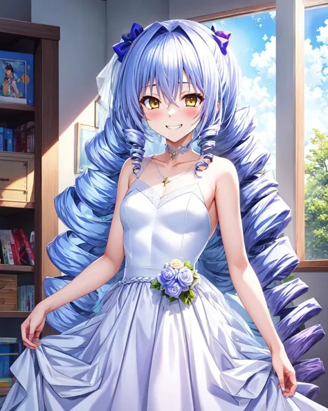day,indoor,dormitory,bed BREAK
8K quality,Masterpiece BREAK
nate_mitotsudaira,1girl,silver hair,twin braids,curly hair,drill hair,very long hair,yellow eyes,small_breasts,hair between eyes,bangs,voluminous hair,
(wedding_dress),
standing,grin,<lora:Nate_Mitotsudaira:0.7>,