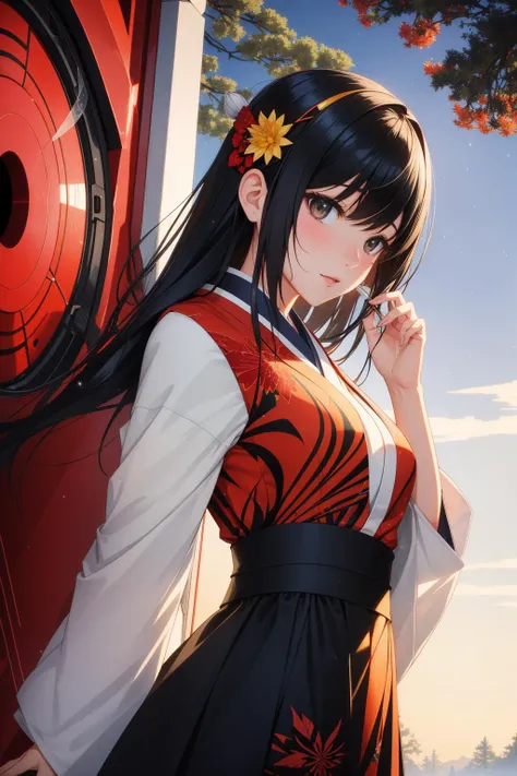 The World of Kaguyahime, (look at full moon:1.3), hinamatsuri ohinasama, (heian red:1.1) japanese clothes, wide sleeves, red (karaginumo:1.1), layered kimono, 1girl solo, beautiful detailed hair, black hair (hime cut:1.2) very long hair spread out, (masterpiece:1.2), best quality, high quality, ultra high res, (hyper detailed), absurdres, absolutely resolution, detailed details, detailed background, wide shot, cinematic lighting, beautifully lit, starry sky, light particles, (bamboo thicket:1.1), (stunning standing posture), (back focus), (back view), (back shot)