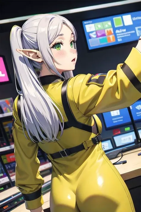 ( From behind : 1.2) , ( In the crowded electronics store :1.4),
( colorful plugsuit ) , ( battlesuit : 1.3) ,
( covered nipples: 1.15 ) ,
( blush , orgasm, embarrassed : 1.1) , (covered nipple :1.0) , ( camel toe : 1.2) , ( selfie : 1.2),
(Customers : 1.1) , table, mobile phones, ( id holder : 1.4) ,
frieren, long hair, twintails, (green eyes:1.5), grey hair, pointy ears, elf,
( masterpiece: 1.1)