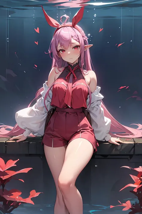 (masterpiece, best quality), female adolescence, refined, east asian, ruby red eyes, cupped ears, u-shaped chin, heart face shape, , lilac cornrows hair, disapproval wearing shorts, sheer blouse, headband,, crossed legs, standing with legs crossed, showcasing elegance and seduction, underwater lighting, a dreamlike, blue-tinted illumination for underwater scenes, adding a sensual touch, a picturesque countryside, with rolling hills, green meadows, and grazing animals