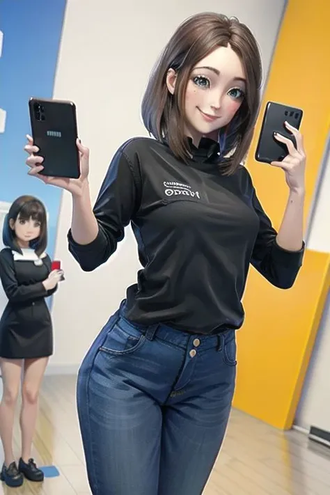 In the mobilephone store, jeans , 
( blush, embarrassed, smile : 1.0)  , medium hair,
Looking at viewer, selfie, holding mobilephone,
( masterpiece) 
MEME_samsung_sam_ownwaifu