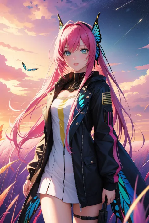 1girl, colorful Pastels artwork, behance, Long exposure of a ([Butterfly|Android]:1.3) , the Butterfly is very Granular and Frantic, from inside of a Loathsome The Roman Aqueducts, desolate reeds and Cygnus constellation in background, at Blue hour, horizon-centered, Realistic, Relaxed, Cybergoth Fashion, broad lighting, F/2.8, Vivid Colors, Cranberry, Olive and Mustard, overlapping compositions, hyperdetailed, trending on artstation