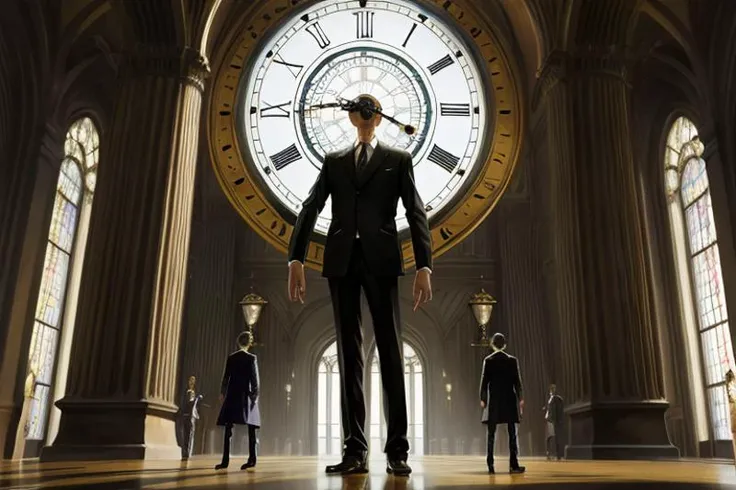 masterpiece, a clock, each arm of the clock is a man