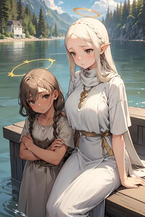 (masterpiece, best quality), female retirement age, elegant, indigenous peoples of the america, light brown eyes, elongated ears, receding chin with cleft, sunken cheeks, , grey cornrows hair, anger wearing seamless hipster, striped bralette, hijab,, crossed arms, crossing arms over the chest, hinting at hidden desires, backlighting, creates a halo effect around characters, giving them a radiant and romantic aura, a peaceful lakeside retreat, with serene waters and people enjoying recreational activities