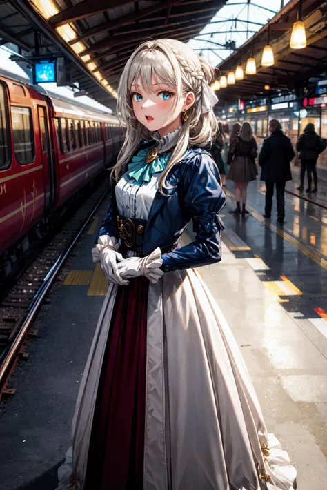 <lora:TWEAK_Detail:0.8>masterpiece, best quality, highres,
solo, 1girl, victorian, train station
<lora:AN94:0.6> an94, tsurime, hair ribbon, french braid, silver hair, long hair, gem, necklace, earrings, (juliet sleeves:1.2), blue bolero, (white ascot:1.2), long sleeves, (brown:1.2) gloves, white skirt, long dress, own hands together, hands down