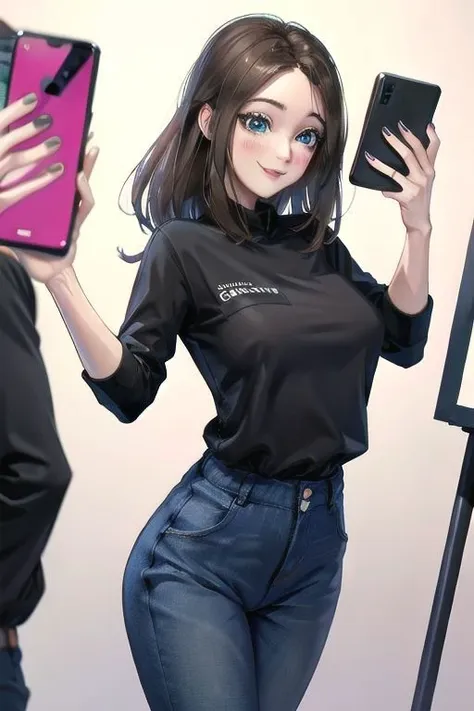 In the mobilephone store, jeans  long pants,  
( covered nipples : 1.0) , 
( blush, embarrassed, smile : 1.0)  ,
 selfie, holding mobilephone,
( masterpiece ) , 
MEME_samsung_sam_ownwaifu