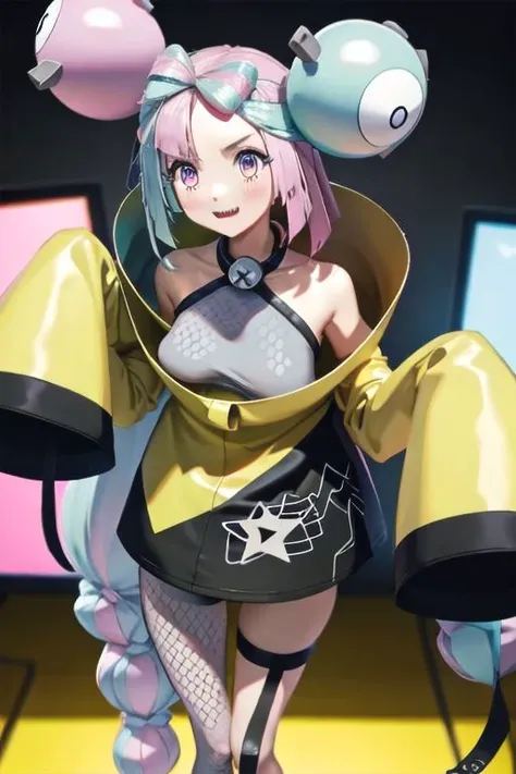 (covered nipples: 1.4 ) , ( see through : 1.2) ,
blush, embarrassed, ( open Jacket : 1.2 ) ,
( masterpiece) , shoulder, collarbone ,
pokemon iono, blue hair, bow-shaped hair, character hair ornament, hair ornament, long hair, low-tied long hair, multicolored hair, pink hair, sharp teeth, split-color hair, twintails, two-tone hair, (pink eyes:1.5),
asymmetrical legwear, bell, bow-shaped hair, character hair ornament, hexagon print, oversized clothes, pantyhose, single leg pantyhose, split-color hair, jacket, (yellow jacket:1.2),