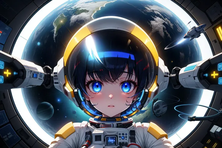 masterpiece, best quality, stunning face, symmetrical clear eyes, detailed eyes and face, detailed body, shiny skin, detailed skin, Flat design UI, high resolution, ultra detailed, cinematic quality, anime-inspired sci-fi scene, a highly skilled astronaut wearing a cutting-edge spacesuit integrated with mechanical manipulators, operating advanced holographic interfaces, manipulating digital data and spacecraft controls with precision and ease, neon-lit control panels reflecting on the polished helmet visor, in the background, a panoramic view of space with distant planets and stars, ambient lights casting soft shadows in the futuristic cockpit, surrounding the astronaut, robotic arms assisting in technical tasks, showing a seamless blend of human and machine in a high-tech space exploration setting
, simple color scheme, minimalistic icons, typography. . illustration, detailed eyes, perfect composition, intricate details