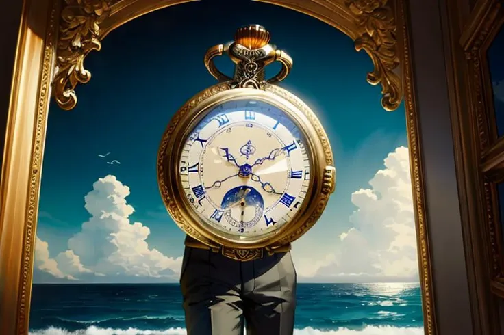 masterpiece, close-up of an open pocket watch, inside is the ocean, inside the ocean is a man