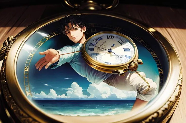 masterpiece, close-up of an open pocket watch, inside is the ocean, inside the ocean is a man