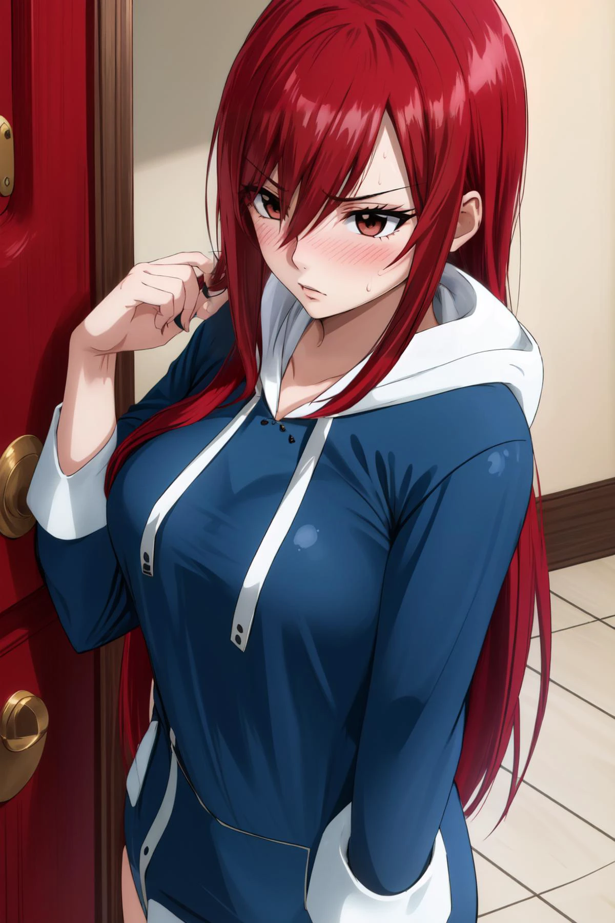(masterpiece, best quality), intricate details,
1girl, <lora:erzascarlet-lora-nochekaiser:0.8> erza scarlet, long hair, (red hair:1.5), hair between eyes, (brown eyes:1.1),
sweating, blushing,
<lora:otakoGuraCos-20:0.8> ggcosplay, blue hoodie,