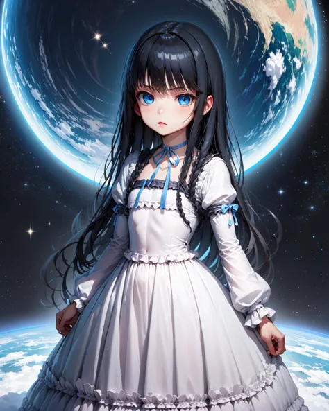 space,planet,dark,
1girl,solo,long hair,blue eyes,black hair,very long hair,
long sleeves,dress,ribbon,braid,choker,puffy sleeves,white dress,neck ribbon,juliet sleeves,white ribbon,ribbon choker,
standing,<lora:Natsuki_Minamiya(Strike The Blood):1>,