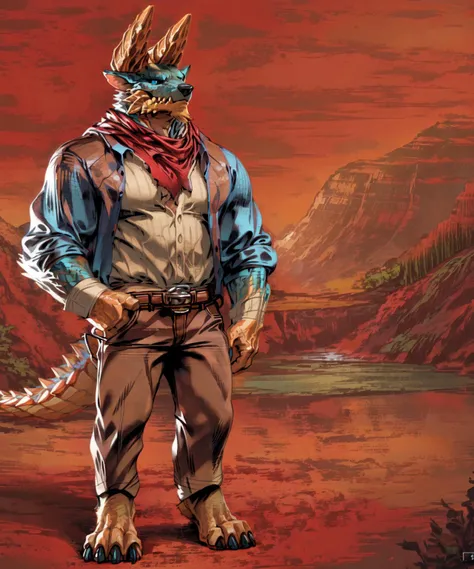anthro,(zinogre:1.2),tail,((full body,blue eyes, blue body, white furry, yellow hand, yellow feet, blue face,4TOES,TAILS )),((horns)),muscular,rdr, (((cowboy clothes))), hands in pockets, chain, (red scarf),
full body,solo, cowboy western, WILD,(mountain, BACKGROUND),belt, ((shirt, ))),denim jacket,
(by null-ghost,by raccoon21,masterpiece,high quality), <lora:zinogre-000018:1> <lora:rdr:0.8>