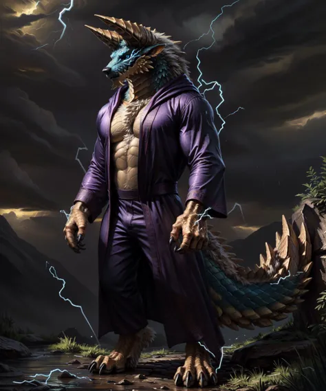 A dragon with sapphire-like scaleythical Creatures、Sapphire-colored, eagle-like face、Sapphire beak、A clear, silvery, shaggy mane、A lot of horns、very small face、Crying expression、So many tears、Big green anime eyes、Crocodile-like scales、Very long black pubic hair、drunken look、Reddish face、A very large amount of drool coming out of the mouth、Sharp Fangs、Upright pose、Thick tail、swamp background、Rainy weather、A huge bulge in the crotch loincloth、White loincloth between the legs、Dragon&#39;s claws、Sharp Claws、A composition that captures the whole body