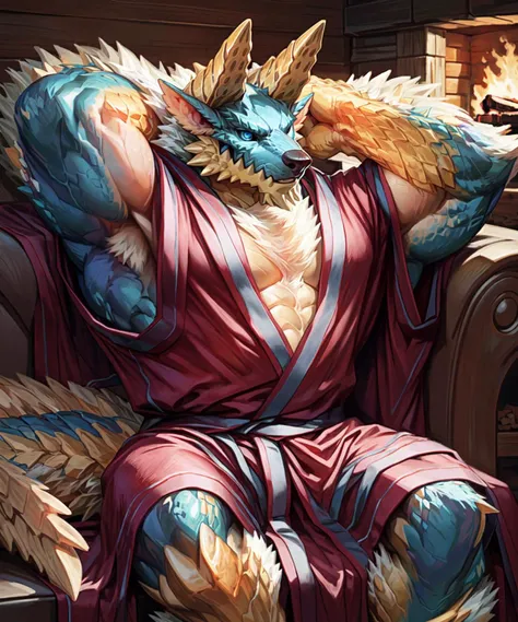 blue tall dragon、Pointed blue scales all over the body、blue crocodile-like body、overeating、lower abdomen swollen with fat、silver mane、large amount of pubic hair、large amount of belly button hair、Overflowing armpit hair、golden eyes、huge bulge in the crotch、Crotch about to burst、tied to machinery and cables、Splattering drool、thrust one&#39;s hips upward、lying down pose、Composition looking down from directly above、Completely naked、drenched whole body、a large amount of spilled milk、very large amount of white slime、A laughing expression、Sole、white loincloth、The outline of a huge male genitalia