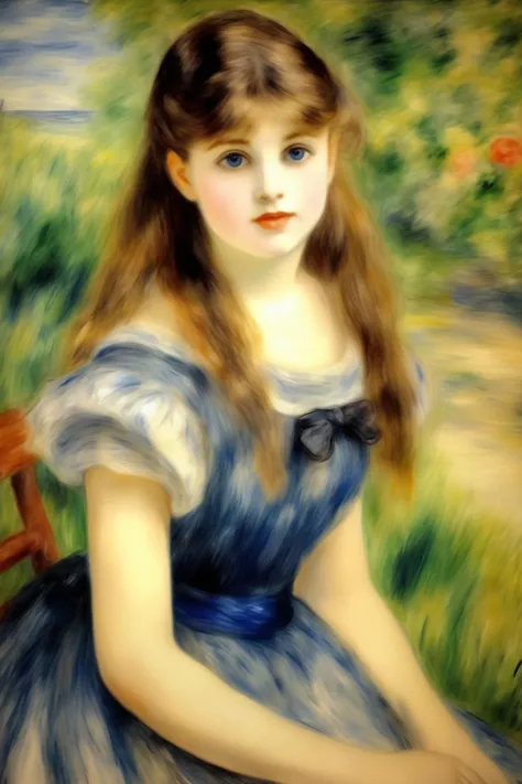 oil painting of a beautiful and perfect , 6 anos, sitting on a bench in a square, segurando uma boneca, ela veste um vestido jeans, and a hat, bem detalhado, rosto perfeito, obra prima, leonardo da vinci, chirico, renoir, alta qualidade.