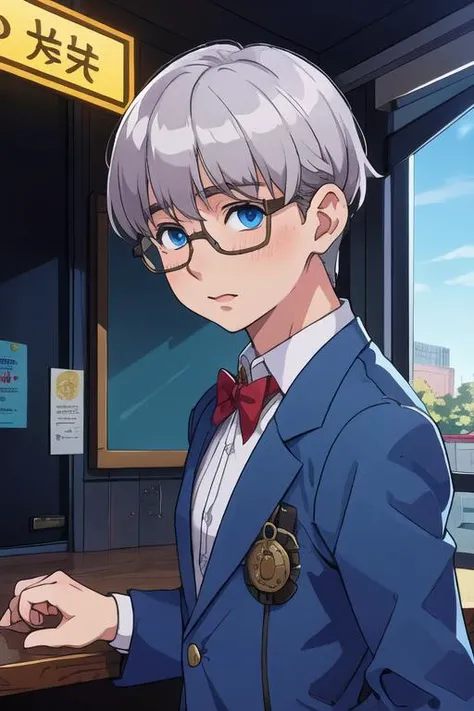 masterpiece, best quality, game cg, 1boy, solo, male focus, looking at viewer, upper body, , <lora:shouta_doi:0.64>, shouta_doi, grey hair, blue eyes, glasses, taxi driver costume, steampunk,