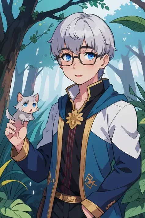 masterpiece, best quality, illustration, 1boy, solo, male focus, looking at viewer, , , <lora:shouta_doi:0.64>, shouta_doi, grey hair, blue eyes, glasses, , , An enchanted forest where magical creatures and plants abound,