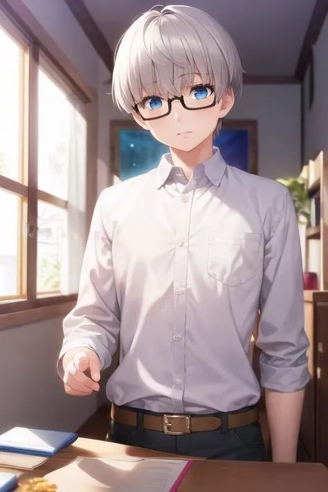 masterpiece, best quality, game cg, 1boy, solo, male focus, looking at viewer, upper body, depth of field, <lora:shouta_doi:0.64>, shouta_doi, grey hair, blue eyes, glasses, , science fiction detective,