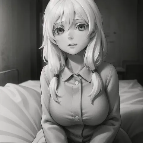 olya, 1girl, solo, long hair, looking at viewer, twintails, monochrome, greyscale, low twintails, <lora:olya:0.5>, big breasts, blush, sitting, on the knees, long hair, hair between eyes, bed, masterpiece, best quality, ultra high res, highly detailed