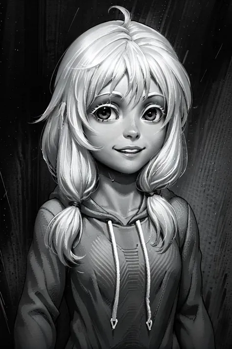 (dark theme:0.6), olya, 1girl, solo, long hair, looking at viewer, smile, twintails, monochrome, upper body, ahoge, greyscale, parted lips, hoodie, low twintails, hood down, rain, <lora:olya:0.65>, (hdr:1.22), muted colors, complex background, hyperdetailed, art [[by jordan grimmer]]