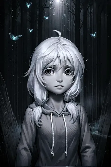 (dark theme:0.6), olya, 1girl, solo, long hair, looking at viewer,  twintails, monochrome, upper body, ahoge, greyscale, parted lips, hoodie, low twintails, hood down,  <lora:olya:0.65>
back, mob hat, white dress, long sleeves, outdoors, f, Dream Forest, nearyby a lake, water, near by a lake, water, glowworm, (forest:1.3),  wonderland, dreamy, amazing, The Forest of Fireflies, wind, big_torii, gap(touhou), , light particles, beautiful light, beautiful shadow, Ray Tracing,, (hdr:1.22), muted colors, complex background, hyperdetailed, art [[by jordan grimmer]]