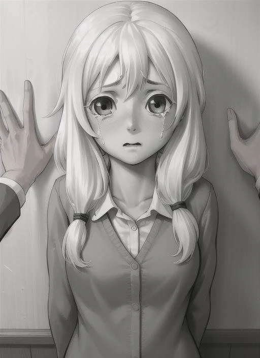 masterpiece, best quality, olya, 1girl, twintails, frightened face, tears, crying, <lora:olya-15:0.5>, school uniform, shy, blush, arms behind back, kabedon, pov top down, <lora:kabedon_pov:1>, (monochrome image:1)