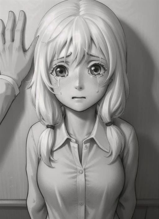 masterpiece, best quality, olya, 1girl, twintails, frightened face, tears, crying, <lora:olya-15:0.5>, school uniform, shy, blush, arms behind back, kabedon, pov top down, <lora:kabedon_pov:1>, (monochrome image:1)