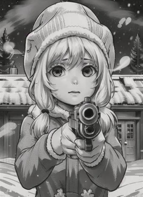 masterpiece, best quality, (monochrome:1.2), olya, 1girl, frightened look, twintails, winter clothes, winter hat, steam from the mouth, <lora:olya-15:0.5>, looking at viewer, aiming at viewer, holding_gun, handgun, <lora:gunAimingAtYouV1:0.8>, snowflakes fly, winter forest, night, detailed background