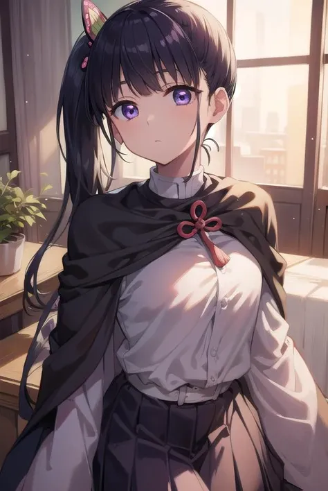kanaotsuyuri, <lora:kanaotsuyuritest:1>,
kanao tsuyuri, black hair, butterfly, butterfly hair ornament, (purple eyes:1.1), side ponytail, ponytail, (small breast:1.2),
BREAK black skirt, cape, demon slayer uniform, long sleeves, pleated skirt, skirt, white cape,
BREAK looking at viewer,
BREAK indoors, classroom,
BREAK <lora:GoodHands-vanilla:1>, (masterpiece:1.2), best quality, high resolution, unity 8k wallpaper, (illustration:0.8), (beautiful detailed eyes:1.6), extremely detailed face, perfect lighting, extremely detailed CG, (perfect hands, perfect anatomy),