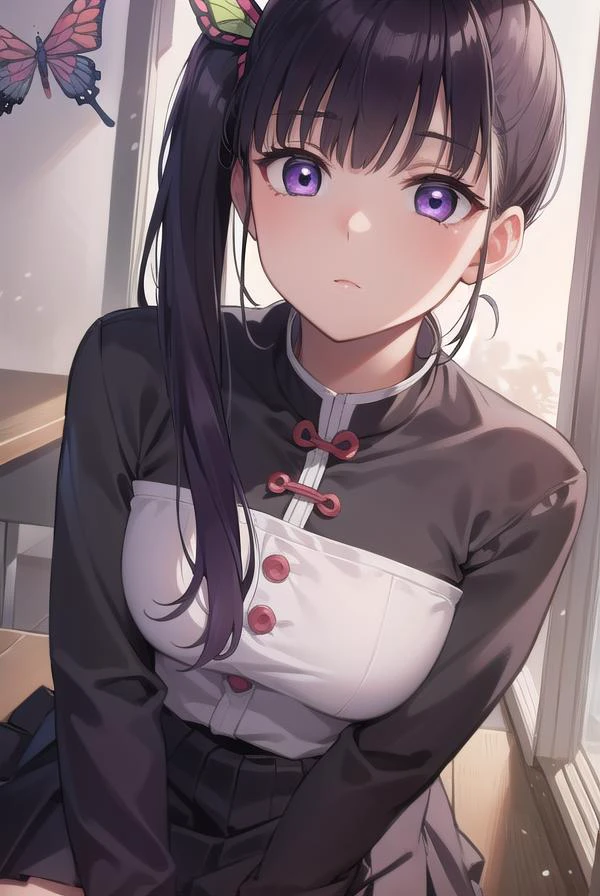 kanaotsuyuri, <lora:kanaotsuyuritest:1>,
kanao tsuyuri, black hair, butterfly, butterfly hair ornament, (purple eyes:1.1), side ponytail, ponytail,
BREAK black skirt, cape, demon slayer uniform, long sleeves, pleated skirt, skirt, white cape,
BREAK looking at viewer,
BREAK indoors, classroom,
BREAK <lora:GoodHands-vanilla:1>, (masterpiece:1.2), best quality, high resolution, unity 8k wallpaper, (illustration:0.8), (beautiful detailed eyes:1.6), extremely detailed face, perfect lighting, extremely detailed CG, (perfect hands, perfect anatomy),