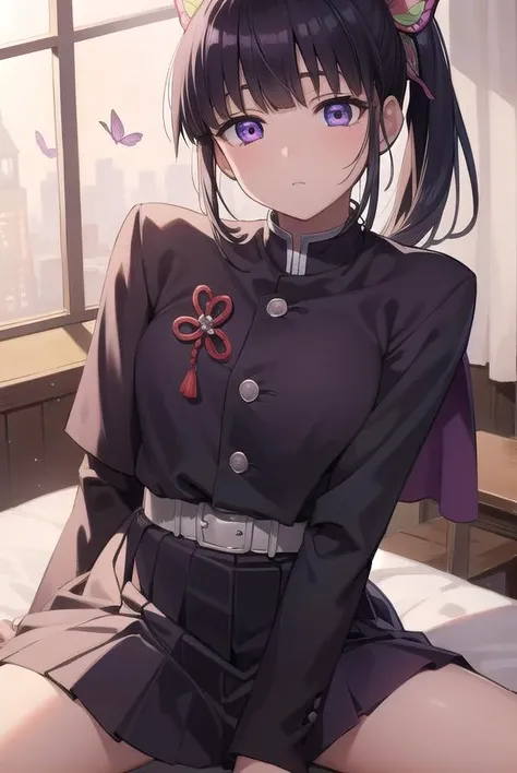 kanaotsuyuri, <lora:kanaotsuyuritest:1>,
kanao tsuyuri, black hair, butterfly, butterfly hair ornament, (purple eyes:1.1), side ponytail, ponytail, 
BREAK black skirt, cape, demon slayer uniform, long sleeves, pleated skirt, skirt, white cape,
BREAK looking at viewer,
BREAK indoors, classroom,
BREAK <lora:GoodHands-vanilla:1>, (masterpiece:1.2), best quality, high resolution, unity 8k wallpaper, (illustration:0.8), (beautiful detailed eyes:1.6), extremely detailed face, perfect lighting, extremely detailed CG, (perfect hands, perfect anatomy),