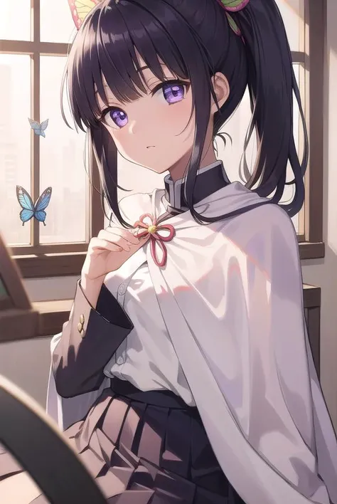 kanaotsuyuri, <lora:kanaotsuyuritest:1>,
kanao tsuyuri, black hair, butterfly, butterfly hair ornament, (purple eyes:1.1), side ponytail, ponytail,
BREAK black skirt, cape, demon slayer uniform, long sleeves, pleated skirt, skirt, white cape,
BREAK looking at viewer,
BREAK indoors, classroom,
BREAK <lora:GoodHands-vanilla:1>, (masterpiece:1.2), best quality, high resolution, unity 8k wallpaper, (illustration:0.8), (beautiful detailed eyes:1.6), extremely detailed face, perfect lighting, extremely detailed CG, (perfect hands, perfect anatomy),