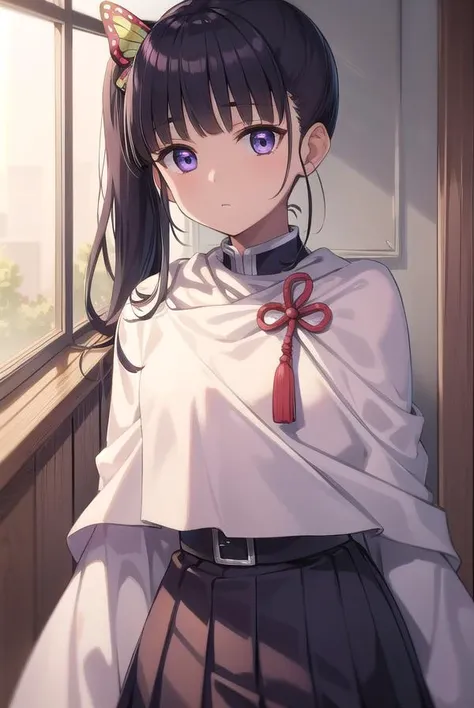 kanaotsuyuri, <lora:kanaotsuyuritest:1>,
kanao tsuyuri, black hair, butterfly, butterfly hair ornament, (purple eyes:1.1), side ponytail, ponytail,
BREAK black skirt, cape, demon slayer uniform, long sleeves, pleated skirt, skirt, white cape,
BREAK looking at viewer,
BREAK indoors, classroom,
BREAK <lora:GoodHands-vanilla:1>, (masterpiece:1.2), best quality, high resolution, unity 8k wallpaper, (illustration:0.8), (beautiful detailed eyes:1.6), extremely detailed face, perfect lighting, extremely detailed CG, (perfect hands, perfect anatomy),