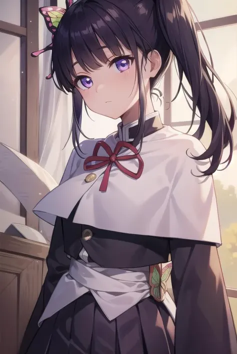 kanaotsuyuri, <lora:kanaotsuyuritest:1>,
kanao tsuyuri, black hair, butterfly, butterfly hair ornament, (purple eyes:1.1), side ponytail, ponytail,
BREAK black skirt, cape, demon slayer uniform, long sleeves, pleated skirt, skirt, white cape,
BREAK looking at viewer,
BREAK indoors, classroom,
BREAK <lora:GoodHands-vanilla:1>, (masterpiece:1.2), best quality, high resolution, unity 8k wallpaper, (illustration:0.8), (beautiful detailed eyes:1.6), extremely detailed face, perfect lighting, extremely detailed CG, (perfect hands, perfect anatomy),
