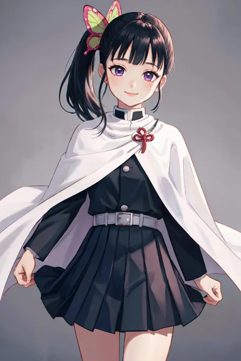 <lora:kanaotsuyuritest:1>kanao tsuyuri, black hair, butterfly, butterfly hair ornament, (purple eyes:1.1), side ponytail, ponytail, 
black skirt, cape, demon slayer uniform, long sleeves, pleated skirt, skirt, white cape,
(best quality, masterpiece, RAW photo,ultra-detailed:1.2), <lyco:GoodHands-beta2:1.0>,1girl,solo,looking at viewer,smile