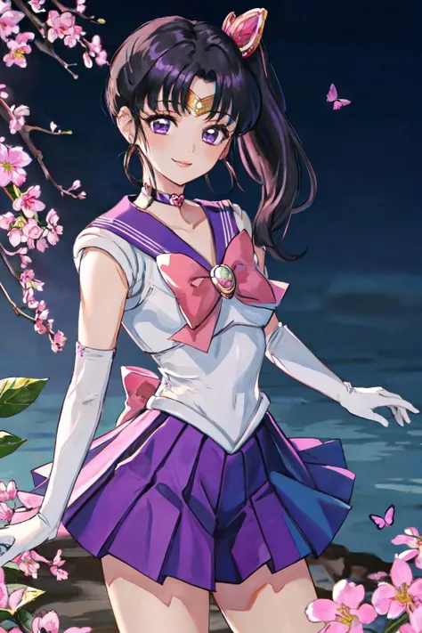 <lora:kanaotsuyuritest:1>kanao tsuyuri, black hair, butterfly, butterfly hair ornament, (purple eyes:1.1), side ponytail, ponytail,
<lora:Sailor Outfit:0.4>sailor outfit, purple sailor outfit, elbow gloves, sailor moon,
(best quality, masterpiece, RAW photo,ultra-detailed:1.2), <lyco:GoodHands-beta2:1.0>,1girl,solo,looking at viewer,smile