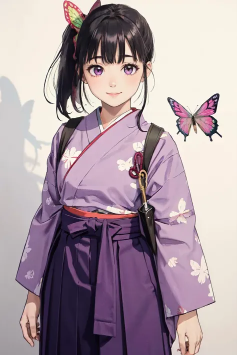<lora:kanaotsuyuritest:1>kanao tsuyuri, black hair, butterfly, butterfly hair ornament, (purple eyes:1.1), side ponytail, ponytail,
<lora:BasyamichiV6:0.5>
(yagasuri), japanese clothes, ,skirt, hakama, hakama skirt, kimono, meiji schoolgirl uniform, tasuki,hair ribbon, purple hakama,
(best quality, masterpiece, RAW photo,ultra-detailed:1.2), <lyco:GoodHands-beta2:1.0>,1girl,solo,looking at viewer,smile