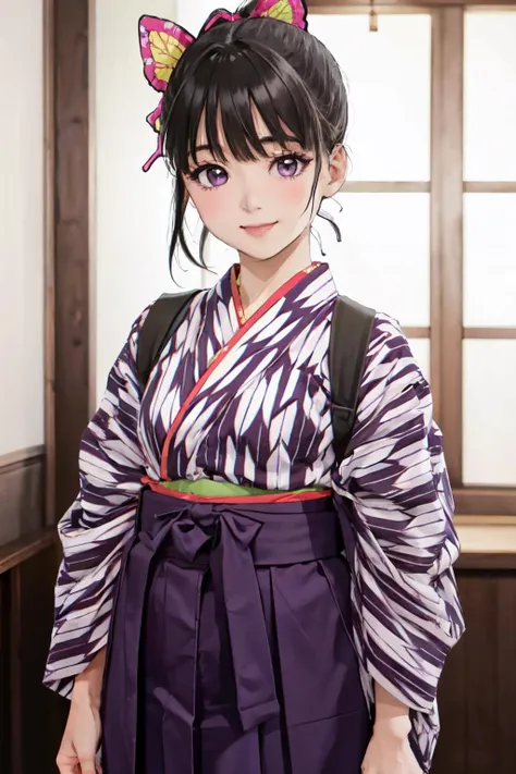 <lora:kanaotsuyuritest:1>kanao tsuyuri, black hair, butterfly, butterfly hair ornament, (purple eyes:1.1), side ponytail, ponytail,
<lora:BasyamichiV6:0.7>
(yagasuri), japanese clothes, ,skirt, hakama, hakama skirt, kimono, meiji schoolgirl uniform, tasuki,hair ribbon, purple hakama,
(best quality, masterpiece, RAW photo,ultra-detailed:1.2), <lyco:GoodHands-beta2:1.0>,1girl,solo,looking at viewer,smile